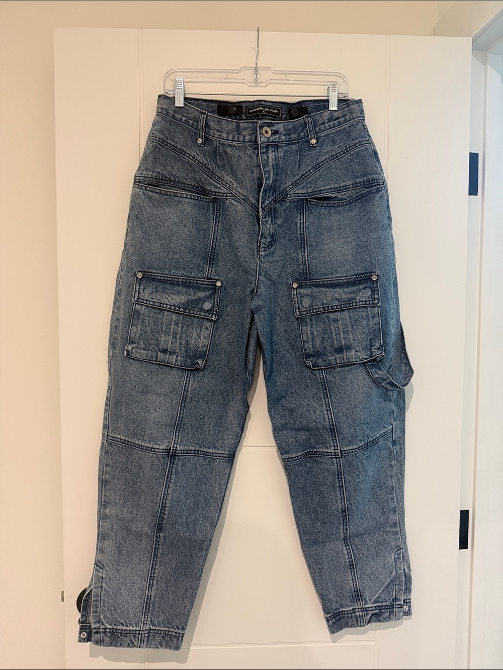 Maniere De Voir High-Rise Cargo Jeans in Washed Blue